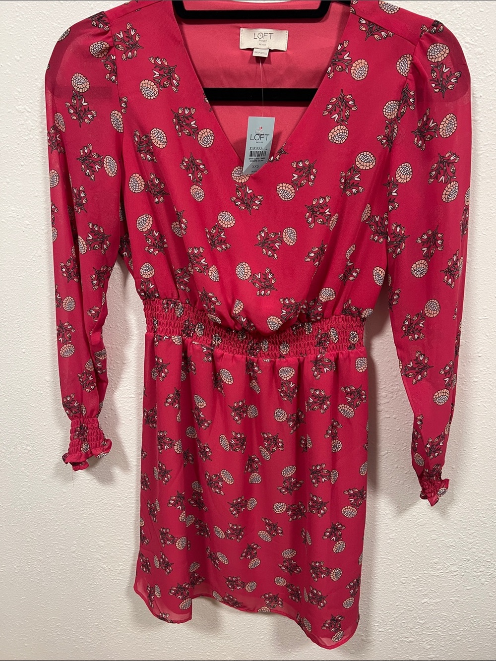 LOFT Hot Pink Floral Print Long-Sleeve Mini Dress
